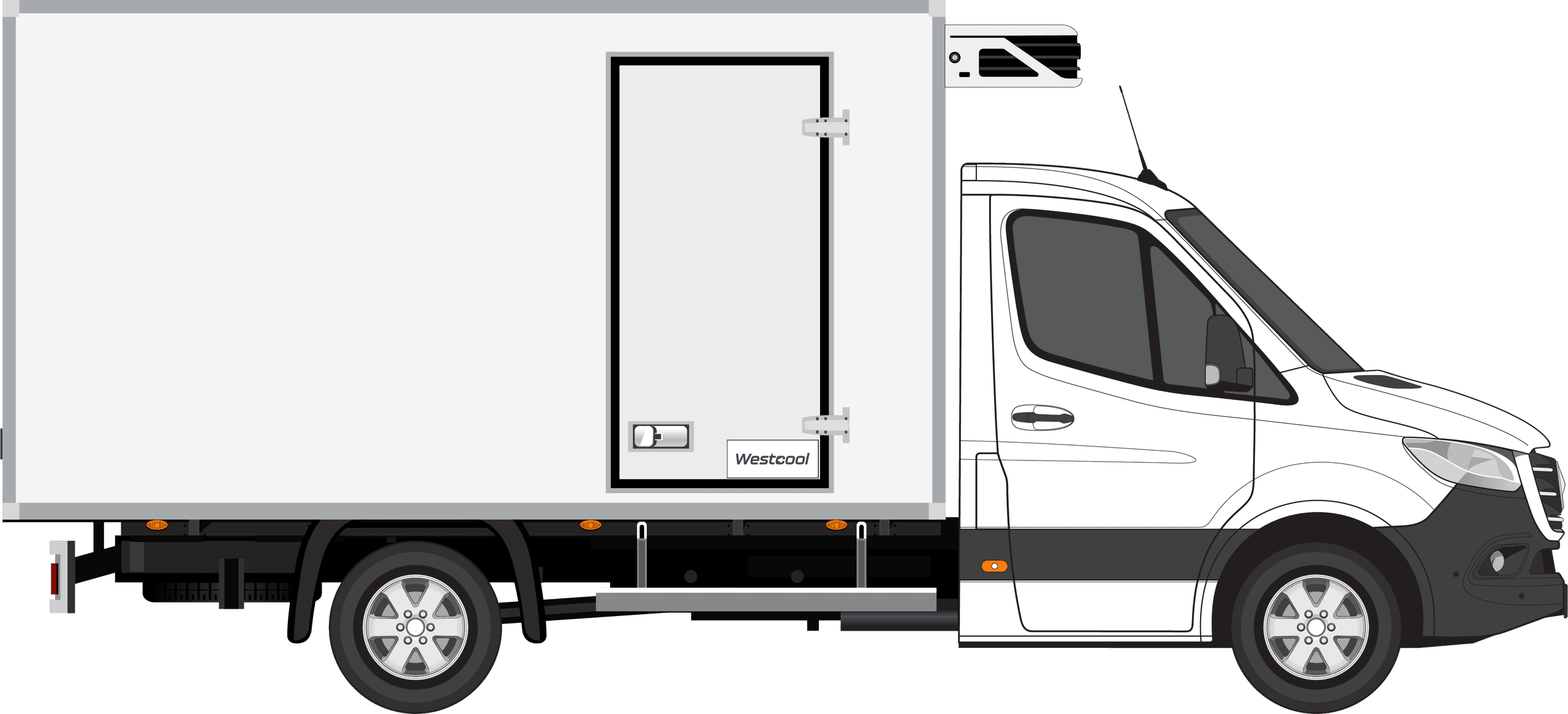 Zijaanzicht van een Mercedes Sprinter chassis-cabine met isotherme koelopbouw