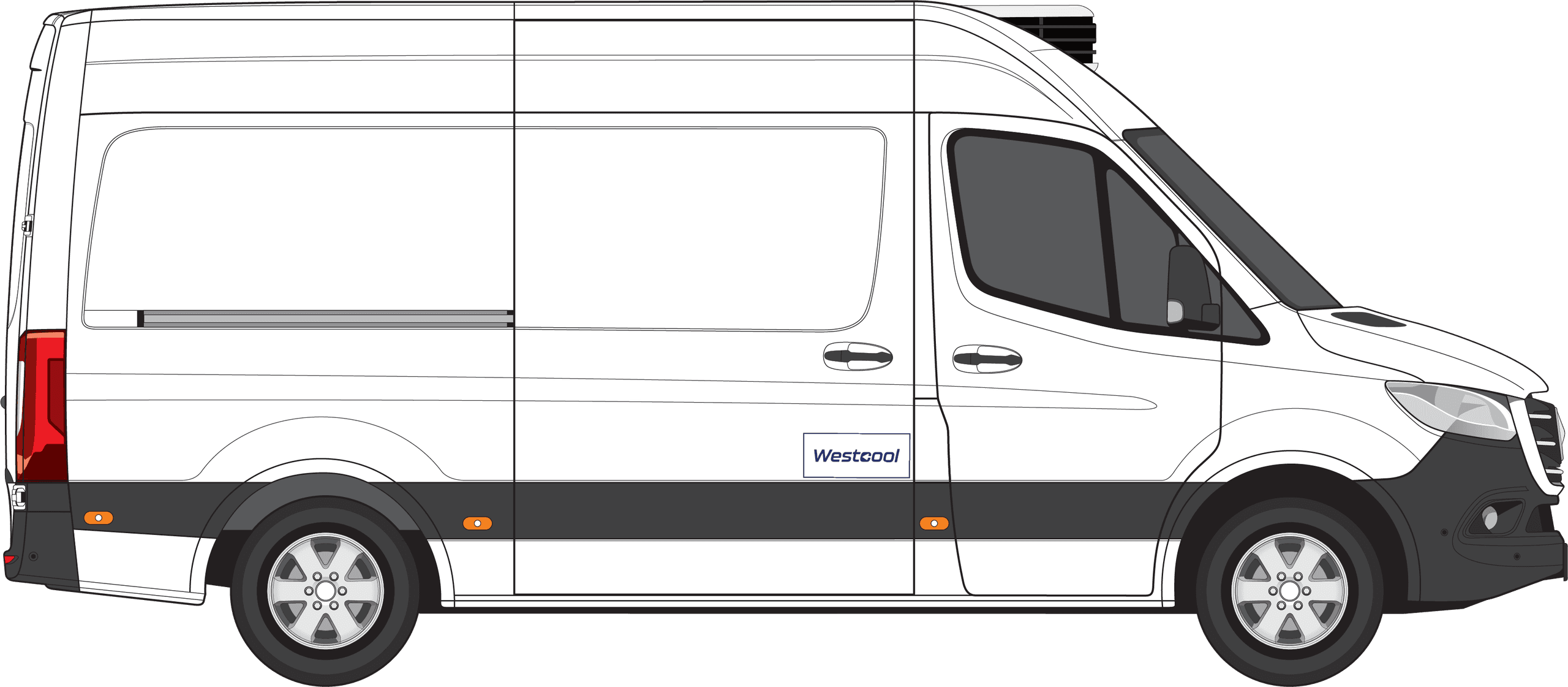 Zijaanzicht van een Mercedes Sprinter bestelwagen met koelgroep op het dak
